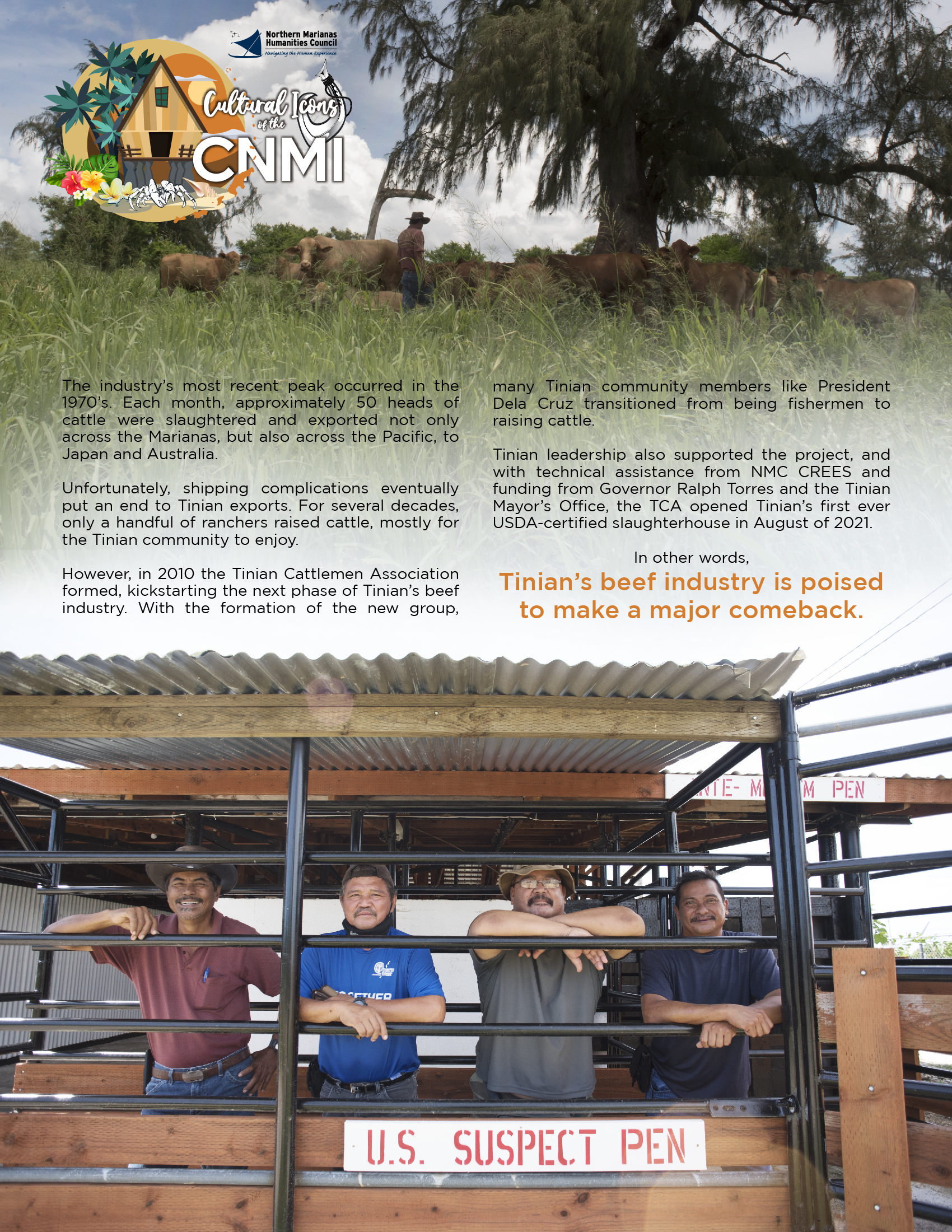 Page two of the Cultural Icons poster dedicated to the Tinian Cattlemen's Association features a photo of four cattle ranchers in a bull pen.